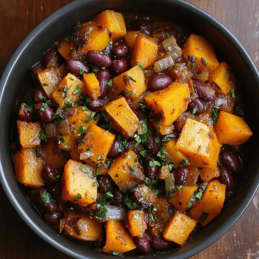 A delicious dish of roasted butternut squash cubes, kidney beans, and spices garnished with fresh cilantro.