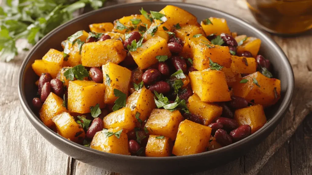 A bowl of warm, flavorful squash and kidney beans with a sprinkle of fresh cilantro on top.