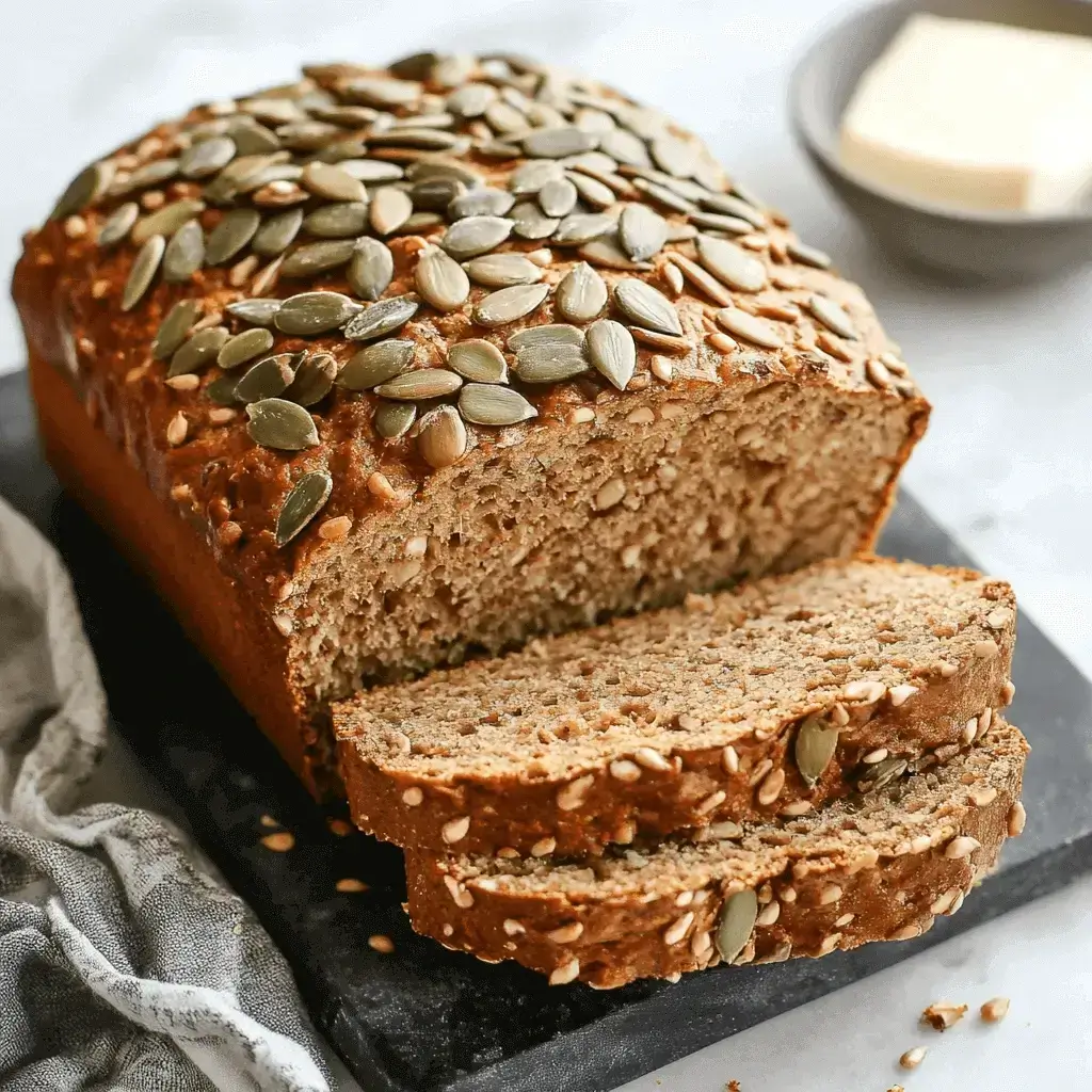 A freshly baked loaf of sunflower pumpkin seed bread with a golden crust, topped with sunflower and pumpkin seeds.