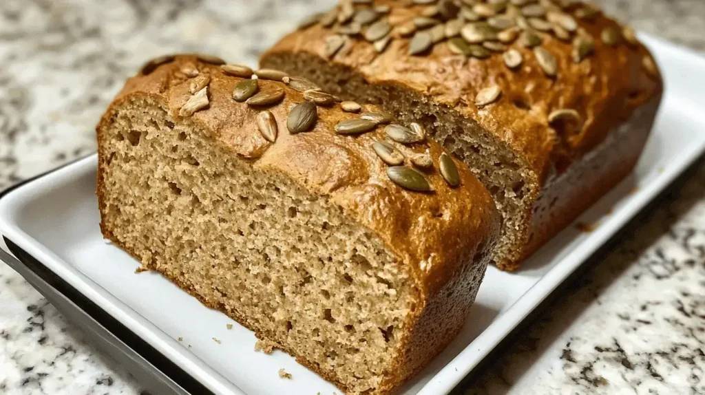 A freshly baked sunflower pumpkin seed bread loaf with a golden crust, sprinkled with sunflower and pumpkin seeds, on a wooden cutting board.