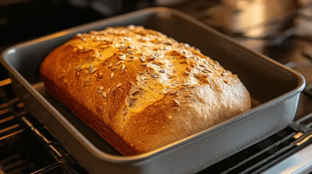 A freshly baked loaf of sunflower pumpkin seed bread with a golden-brown crust, topped with crunchy sunflower and pumpkin seeds.