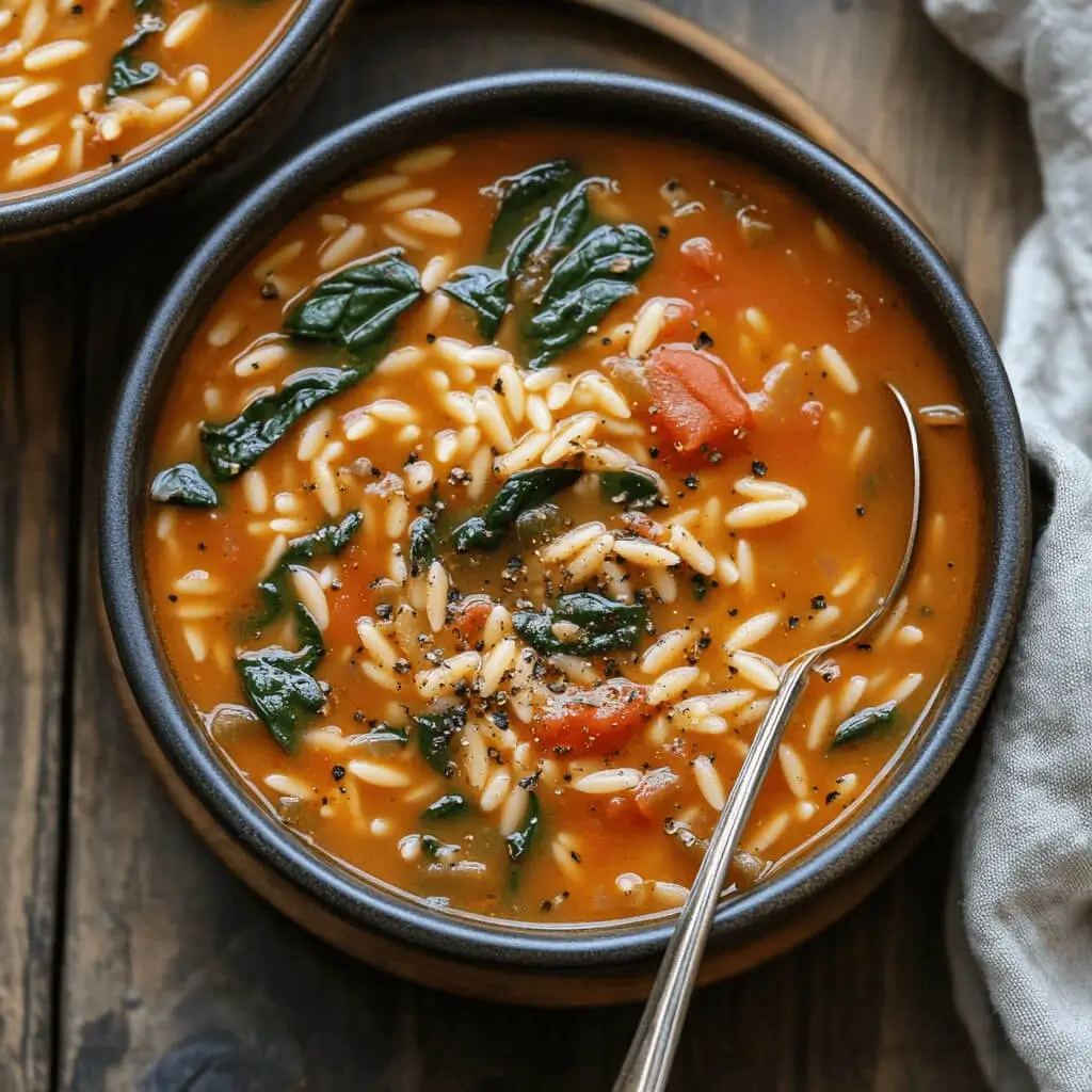 A bowl of creamy tomato spinach orzo soup garnished with fresh spinach and Parmesan cheese.