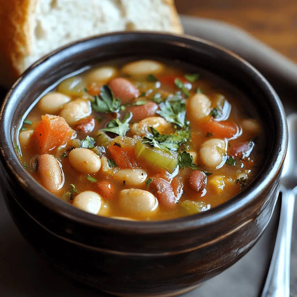 A hearty bowl of traditional bean soup, a classic upstate Pennsylvania recipe, garnished with fresh herbs and served with crusty bread.