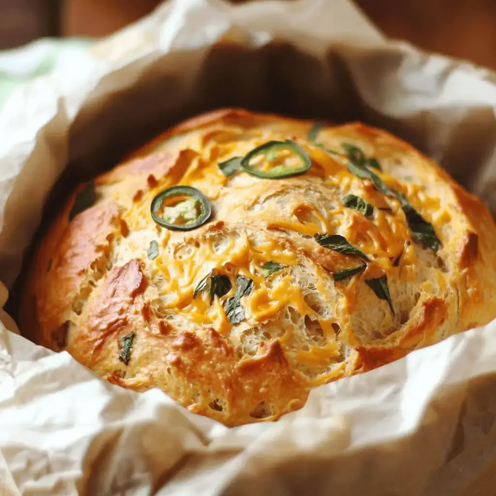 A golden-brown loaf of vegan jalapeño cheese artisan bread with a crispy crust and melted vegan cheddar, garnished with sliced jalapeños.