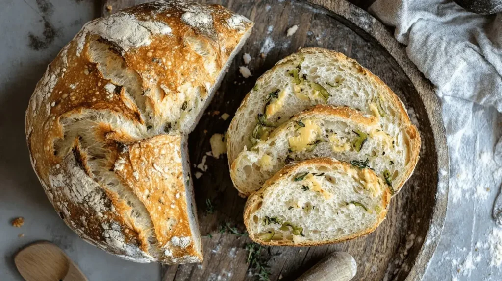 A rustic, golden-brown vegan jalapeño cheese artisan bread with a crispy crust, gooey dairy-free cheese, and sliced jalapeños on top.